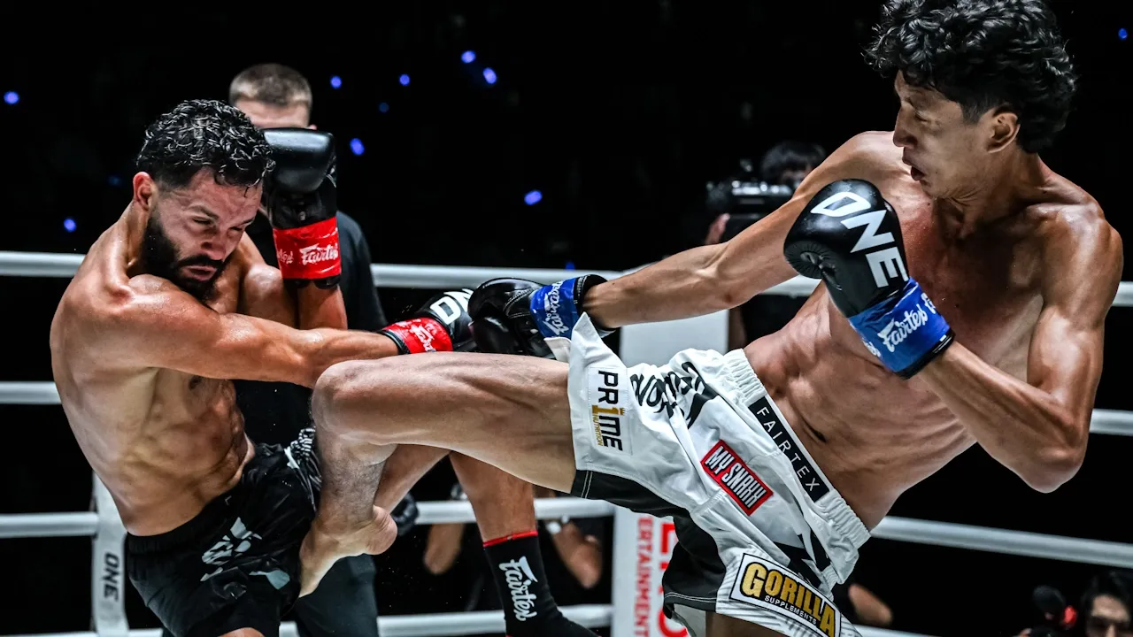 Nabil lands the fight-ending low blow. Photo: ONE Championship